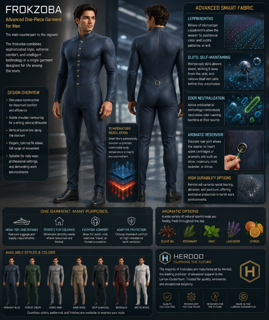 Frokzoba — infographic specification for the advanced one-piece garment for men