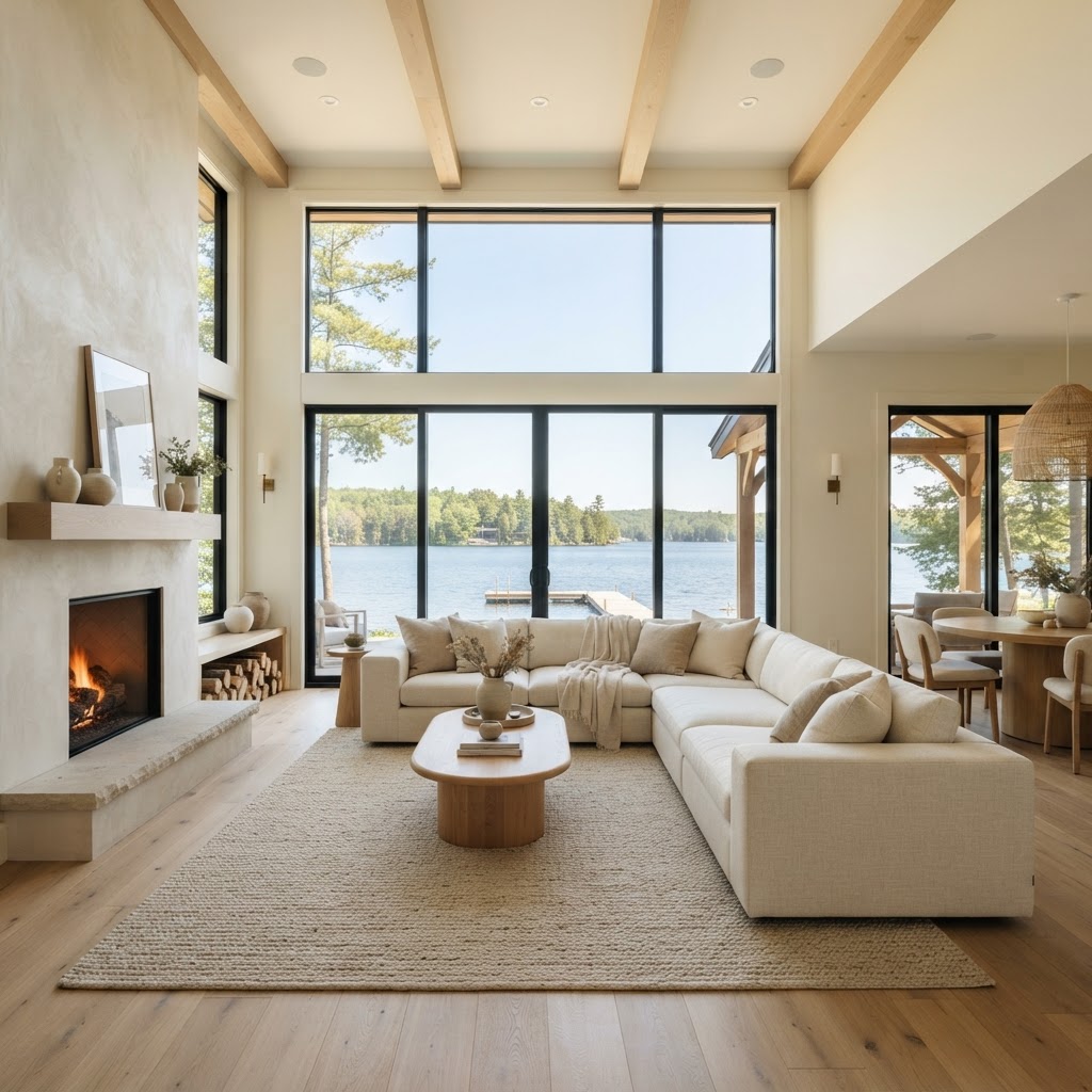 The living room staged in a warm minimalist style