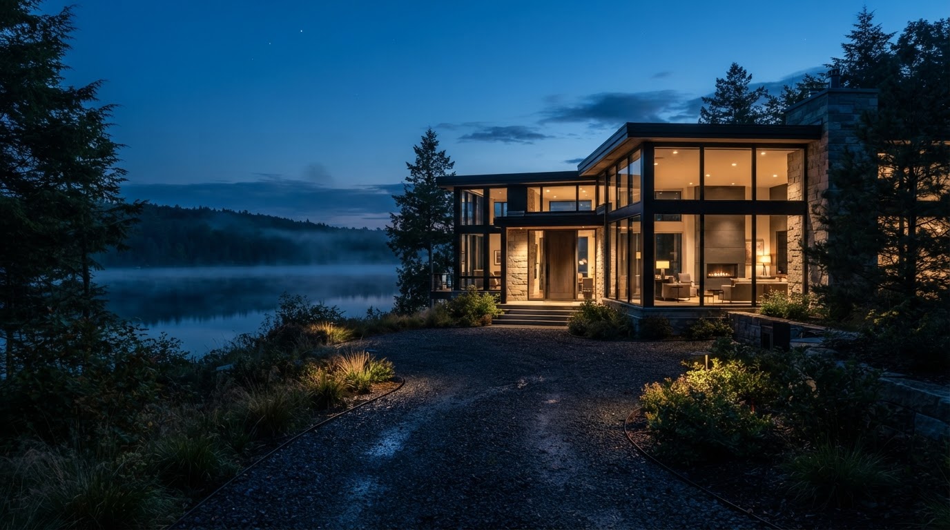 The serene arrival view of The Meridian House at blue hour