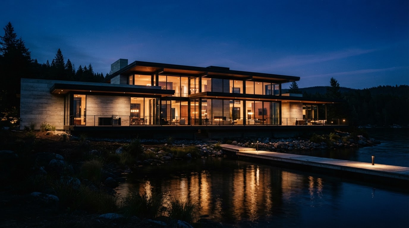 The Meridian House at dusk, strong architectural lines and sharp shadows