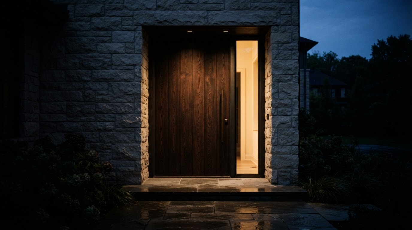 A heavy oak door at dusk, warm light through a sidelight window