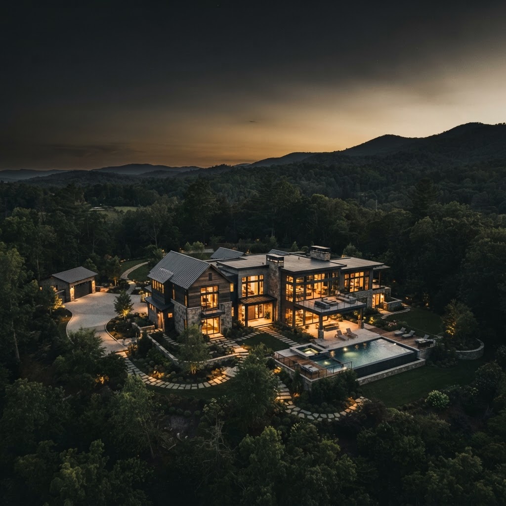 A luxurious estate glowing at twilight, seen from above