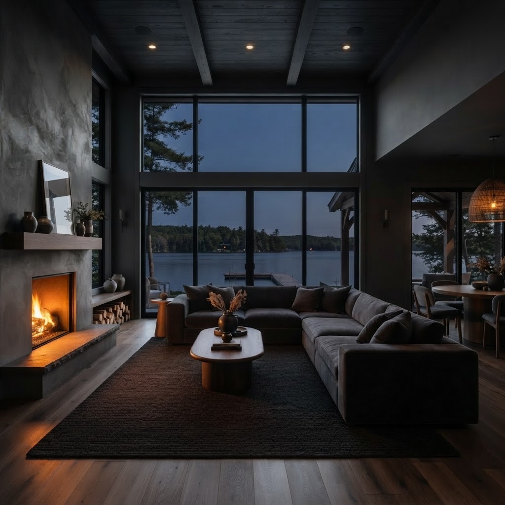 The living room staged in a moody dark style