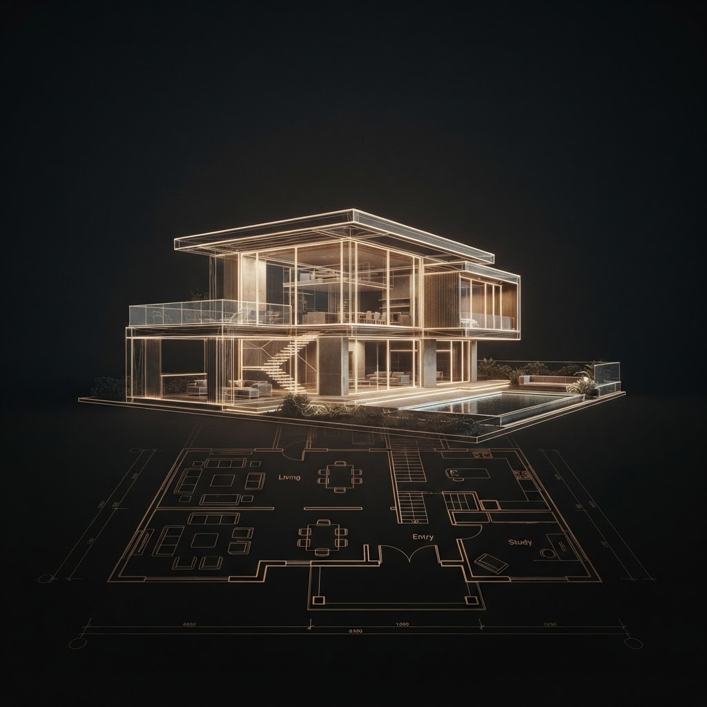 A floor plan rising into a 3D architectural rendering of the home