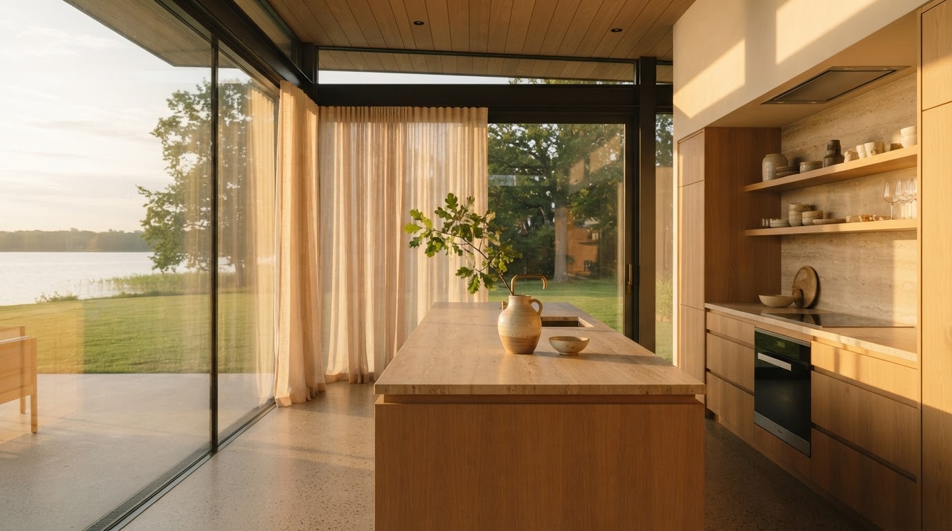 A sunlit kitchen inside The Meridian House, morning light through linen