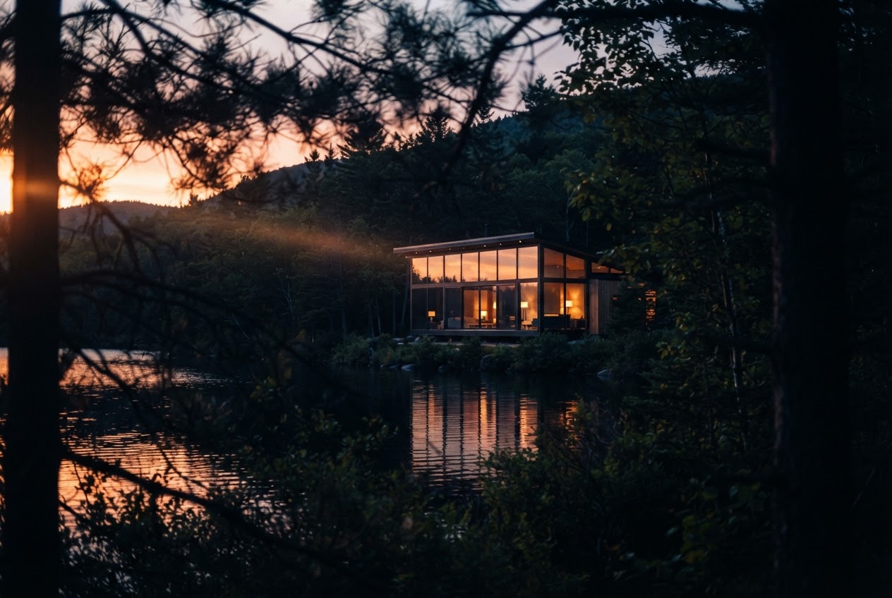 A cinematic film frame of the property at golden hour
