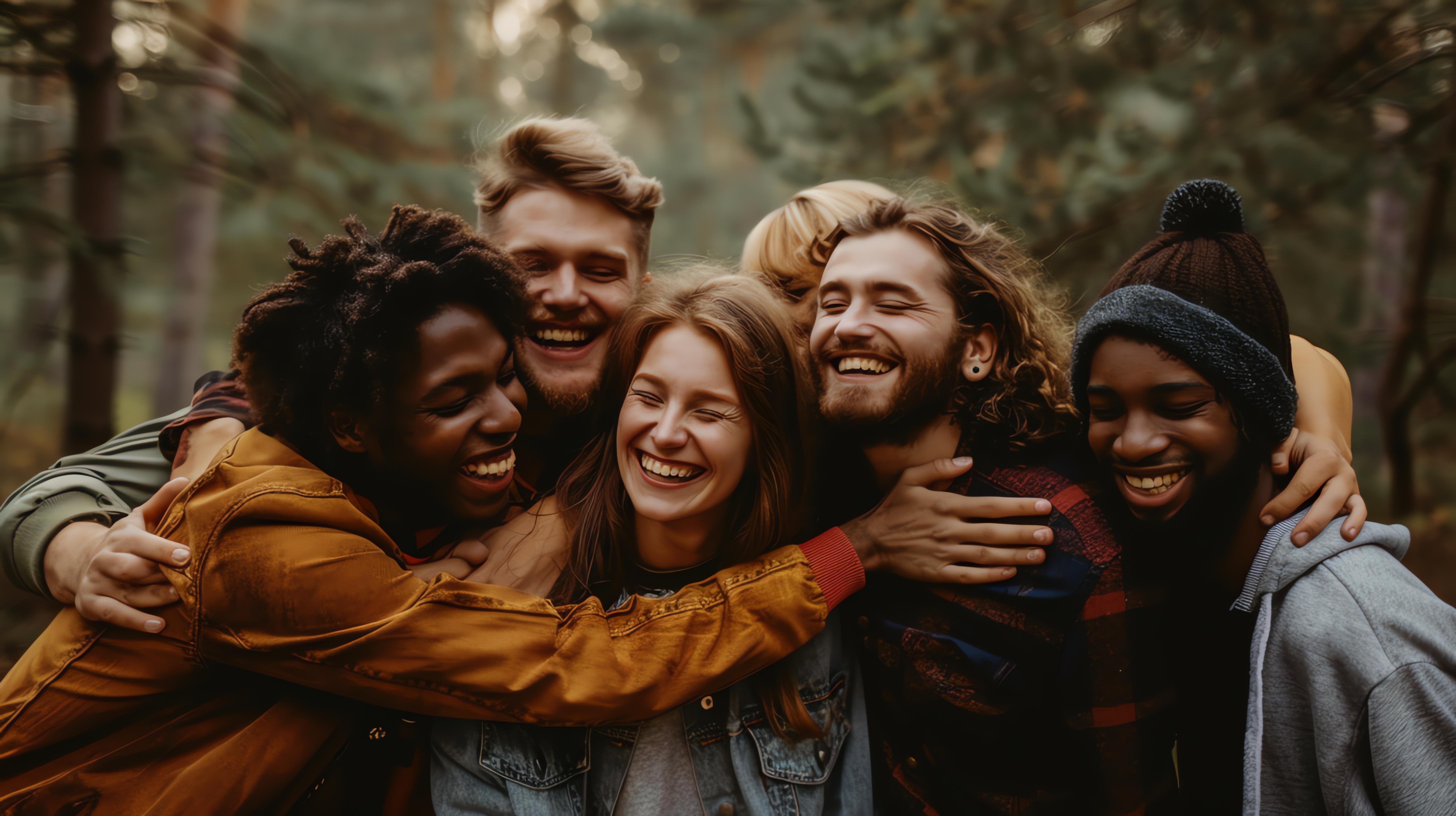 Diverse group of friends laughing and hugging in the woods