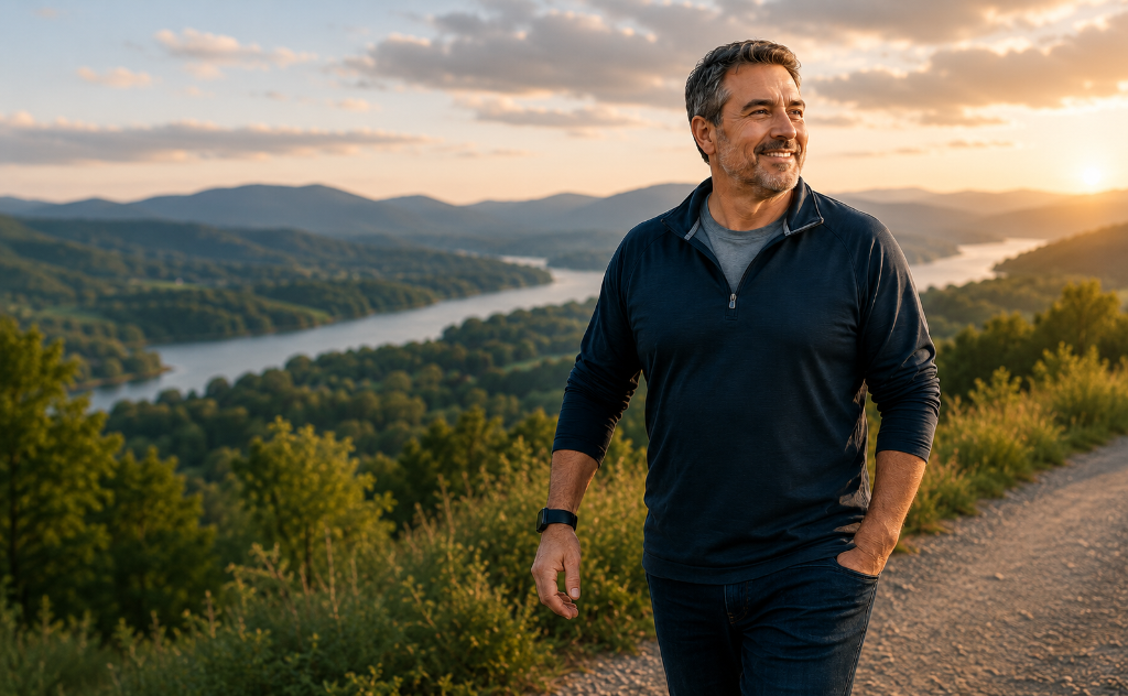 Man walking along a mountain path at golden hour