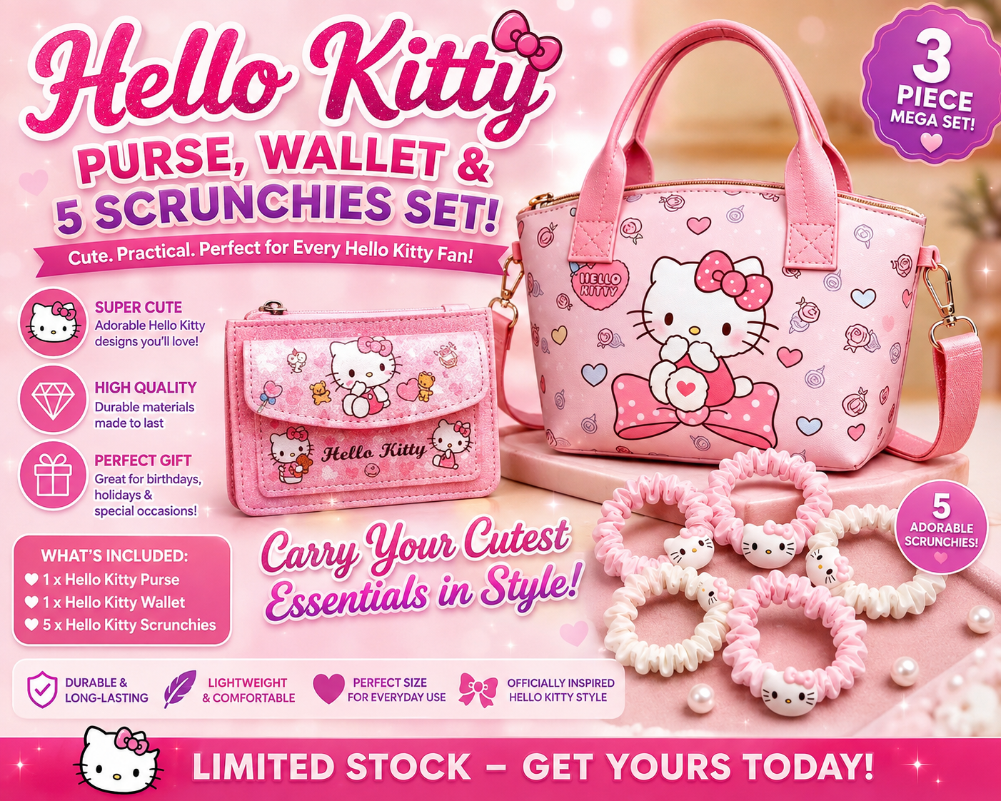 Hello Kitty 3 piece set: Purse, Wallet & 5 Scunchies