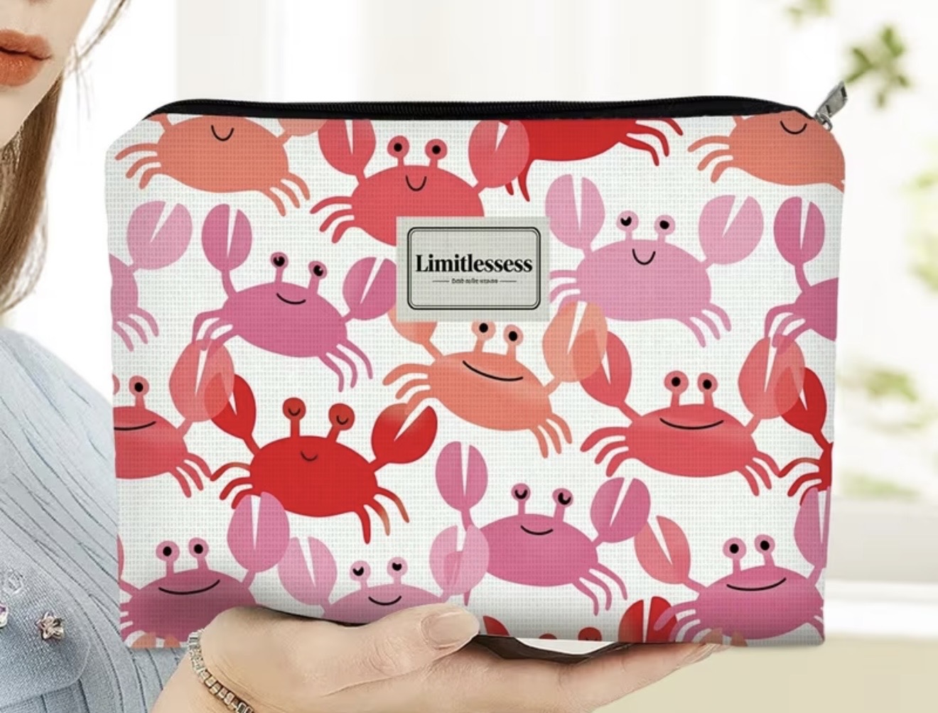 Makeup Case Orange, Red & Pink Crab Decor Size 10 x 7