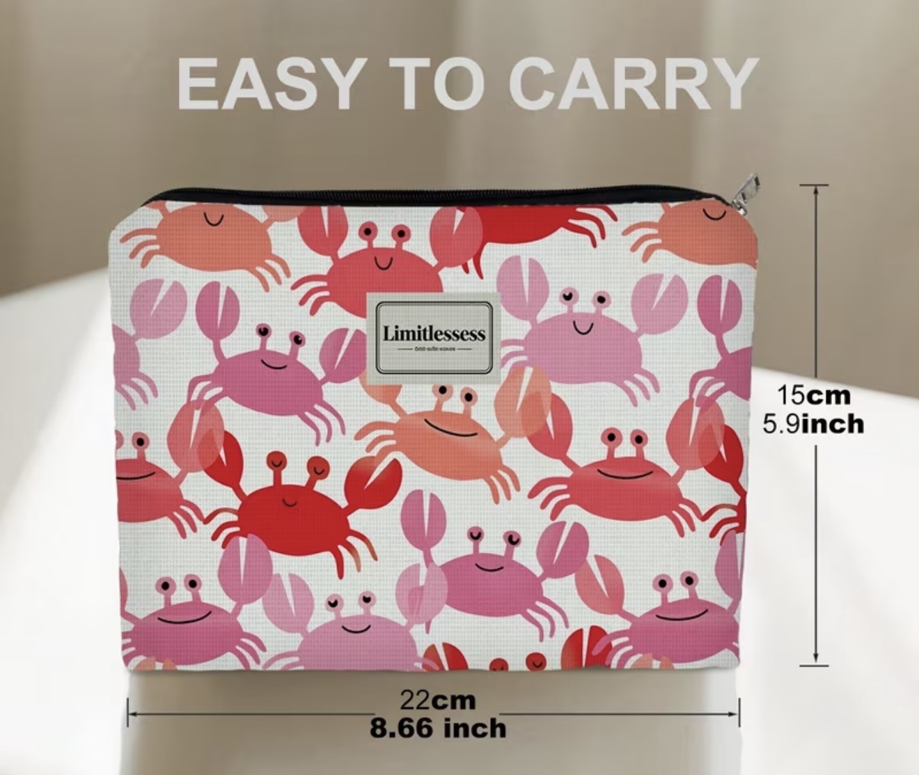Makeup Case Orange, Red & Pink Crab Decor Size 10 x 7 3
