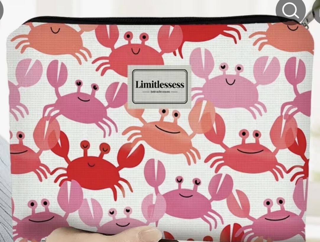Makeup Case Orange, Red & Pink Crab Decor Size 10 x 7