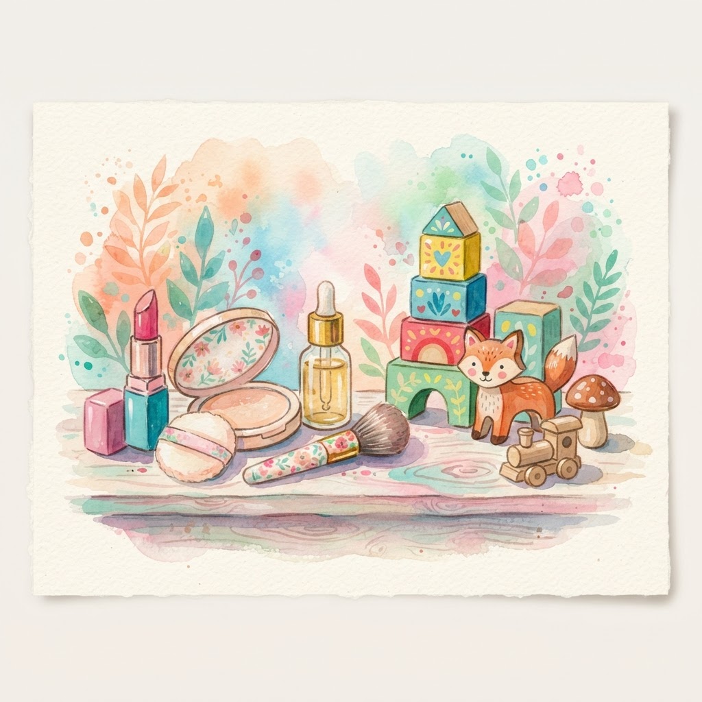 Hands holding a serum and a toy