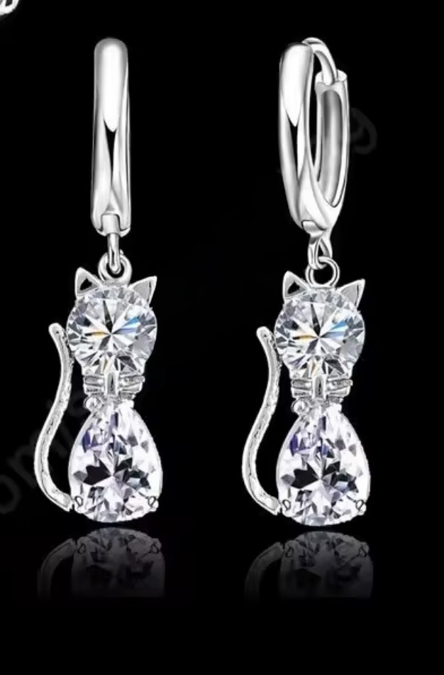 Sterling Silver Cat Dangle Earrings