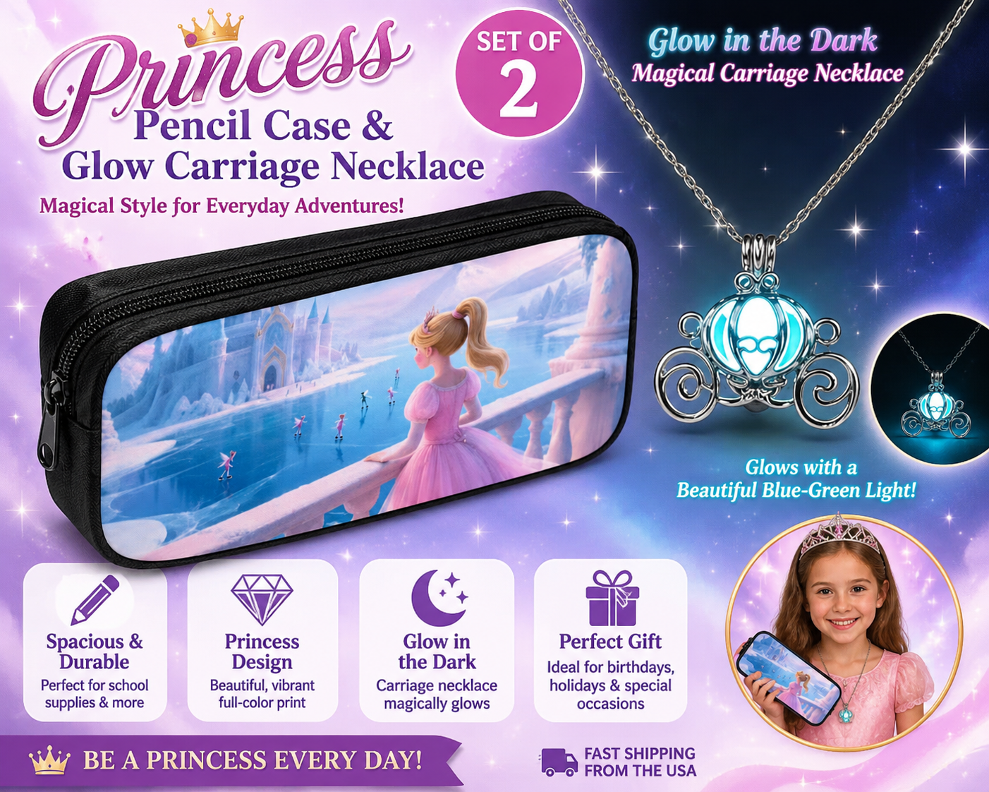 Set of Princess Inspired Pencil Case & Luminous Glow in the Dark Princess Carriage Necklace