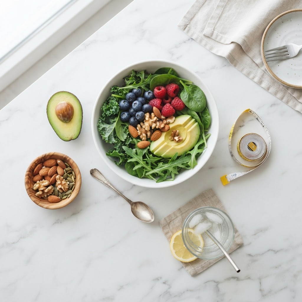Healthy foods and measuring tape representing metabolic health