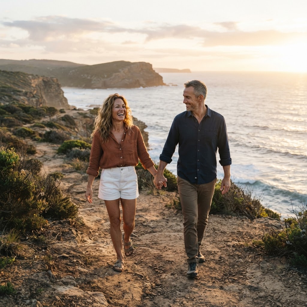 Confident couple walking on a coastal path representing vitality and healthy relationships