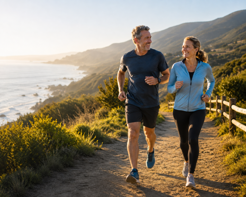 Couple jogging together on a coastal trail at golden hour