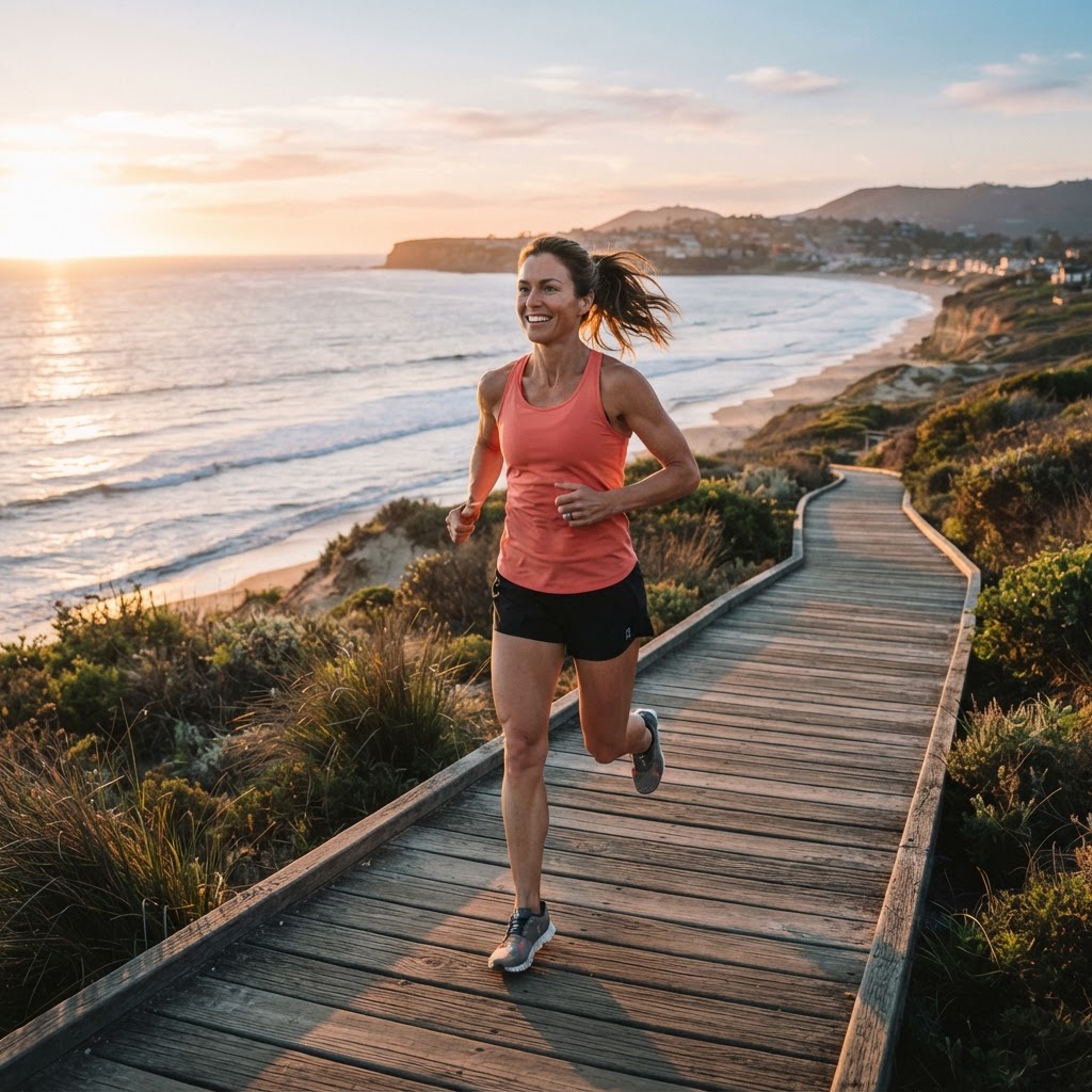 Person jogging on a beach boardwalk representing pain-free movement and recovery