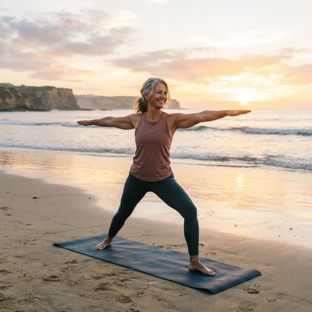 Person practicing yoga at sunrise representing vitality and healthy aging