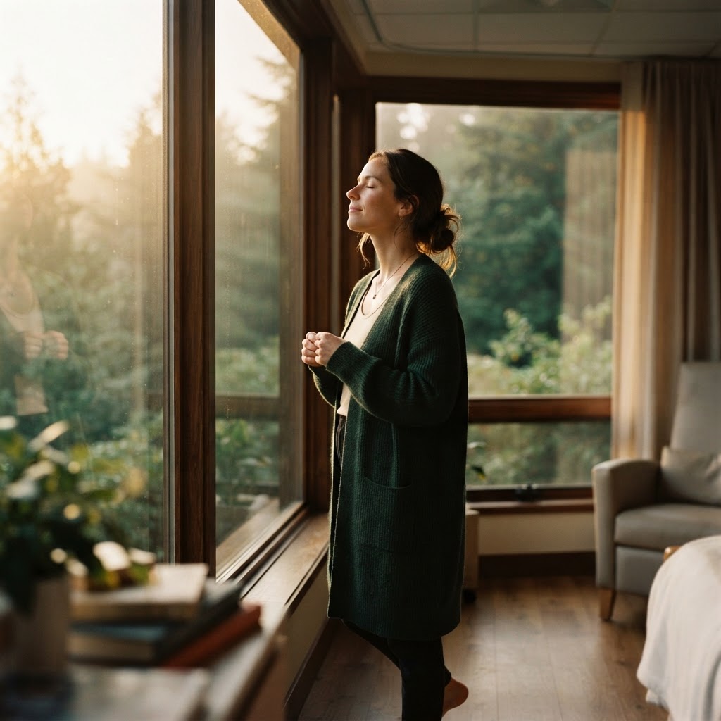 Patient taking a calm breath by a sunlit window