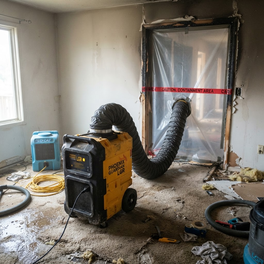 HEPA air scrubber running in a contained room during restoration