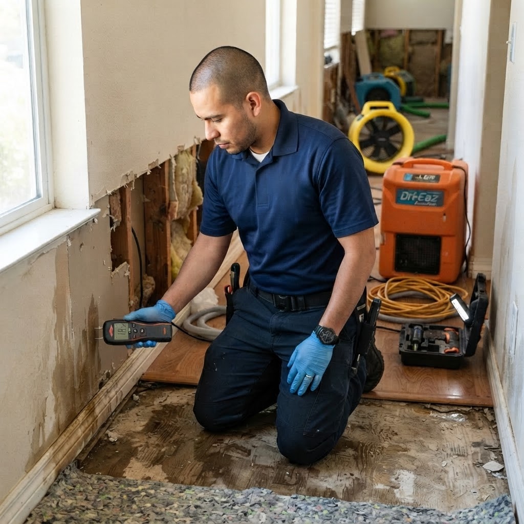 Fusion restoration technician checking moisture levels in a water-damaged home