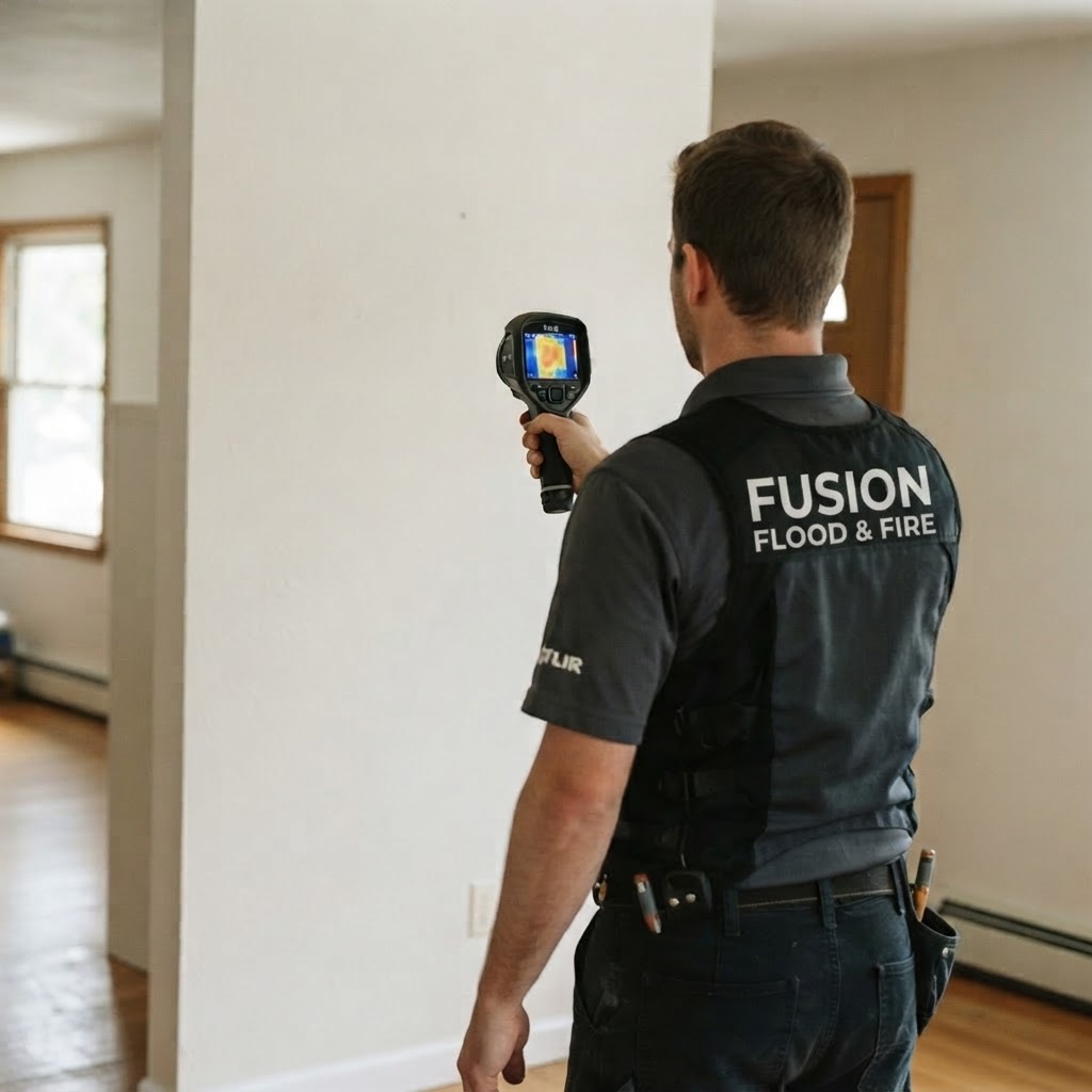 Technician scanning a wall with a thermal imaging camera to find hidden moisture