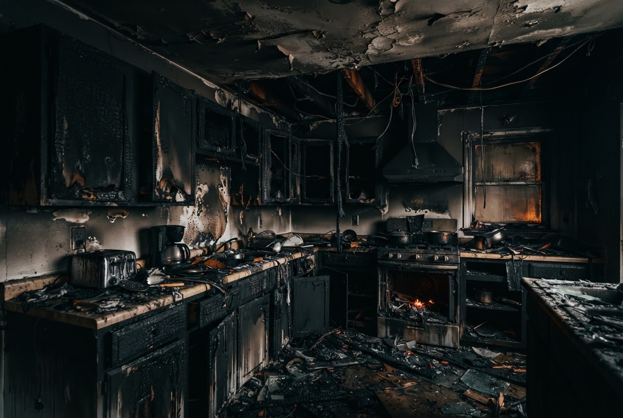 Fire-damaged kitchen with charred cabinets