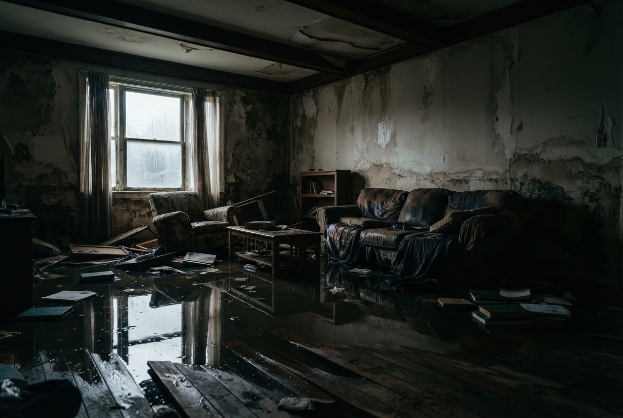 Water-damaged living room with standing water