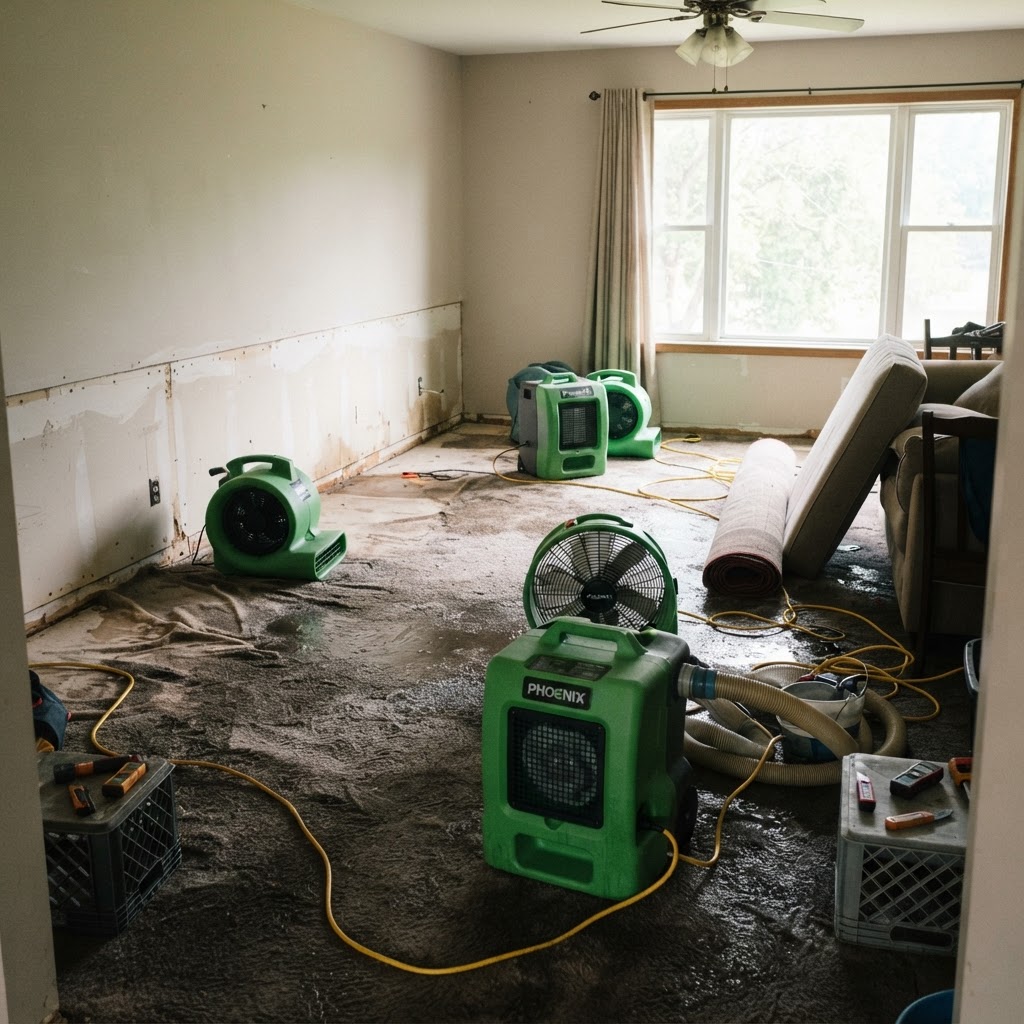 Commercial air movers and dehumidifier drying a water-damaged living room