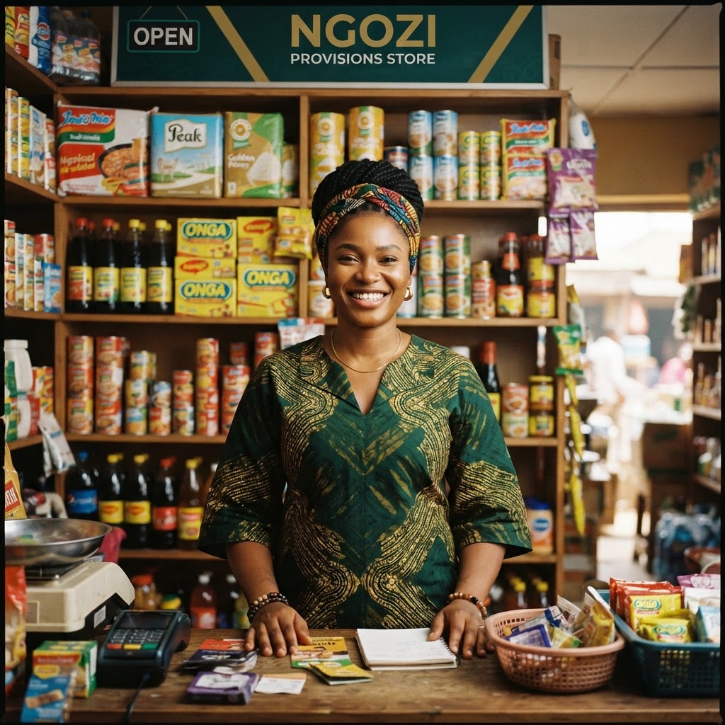 A confident Nigerian provisions store owner smiling behind a stocked counter
