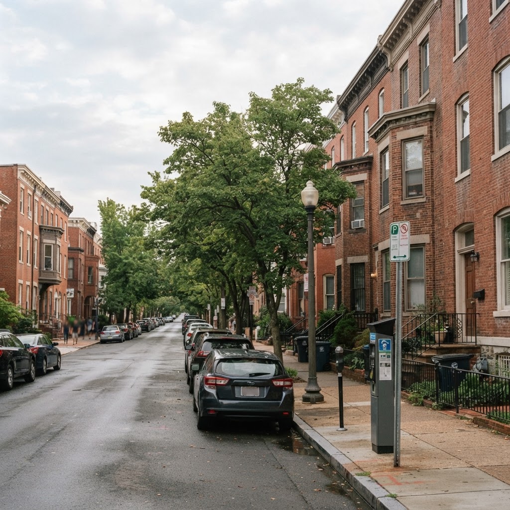 Cars parked along a curb on a tree-lined Washington DC street with parking signage