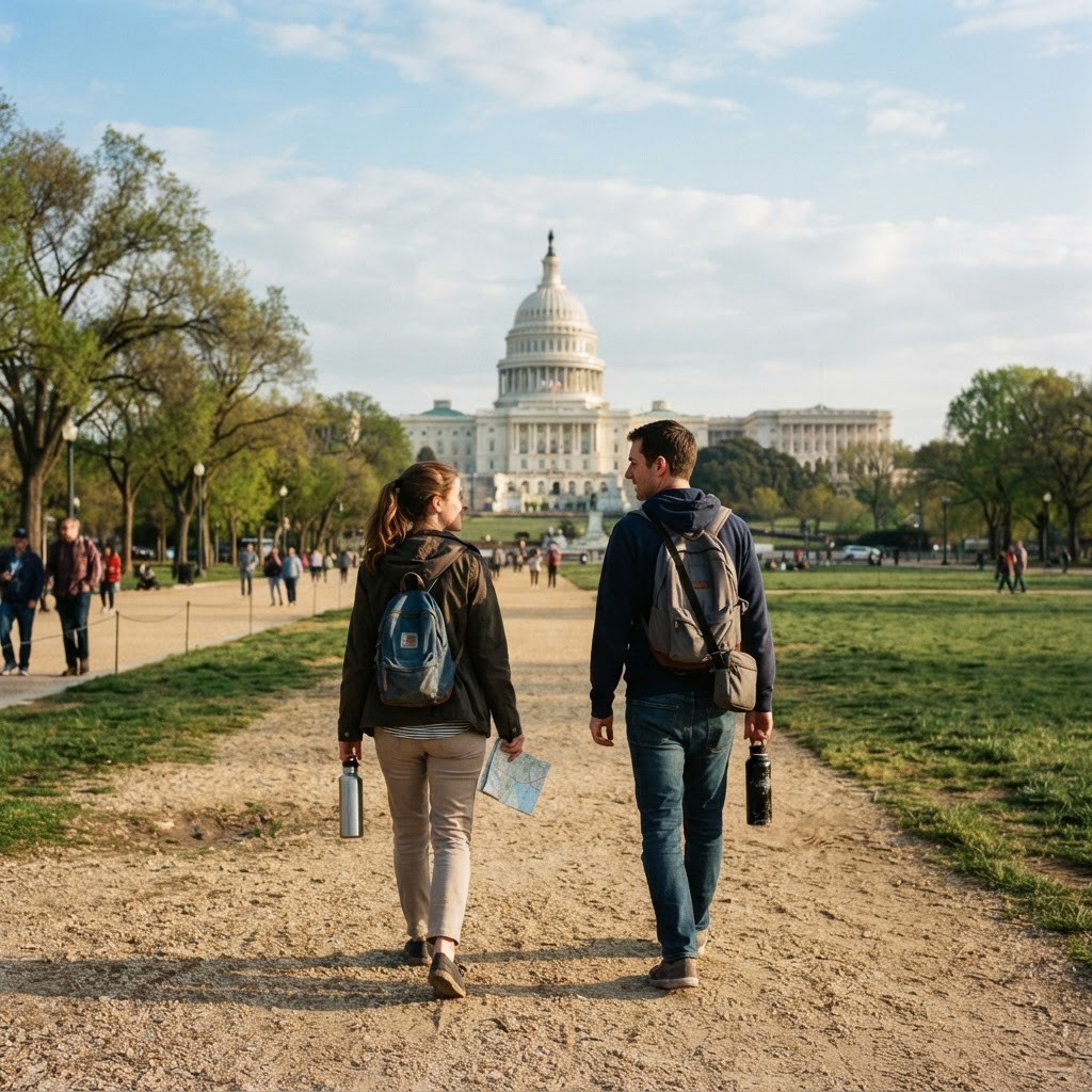 Budget-conscious visitors walking on the National Mall toward the US Capitol