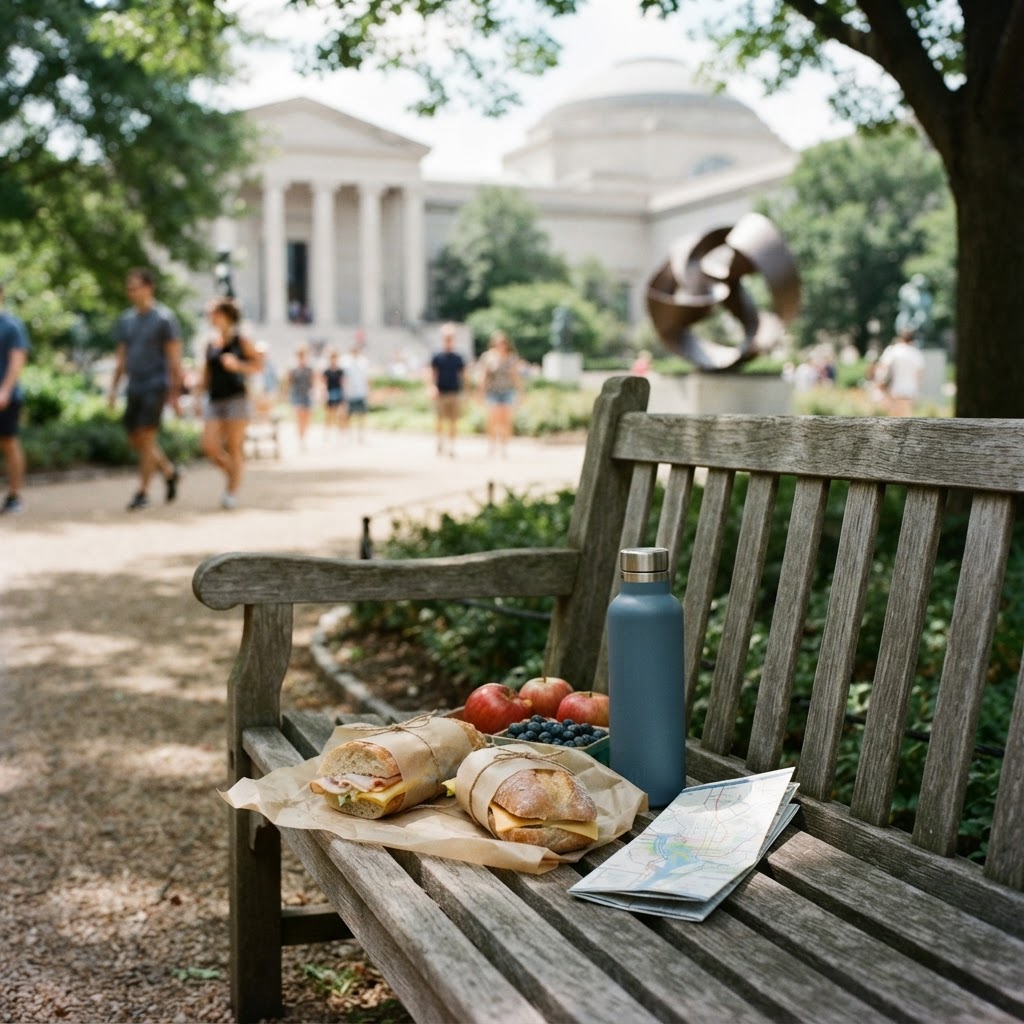 Simple picnic lunch with a reusable bottle near the National Gallery of Art