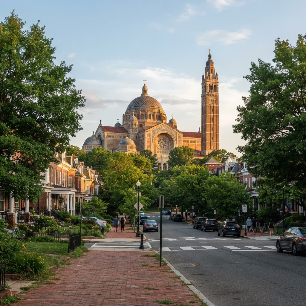A large domed basilica rising above the leafy residential streets of Brookland in Northeast DC