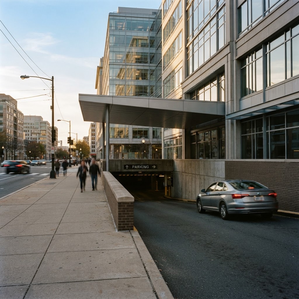 Entrance ramp to an underground parking garage in downtown Washington DC