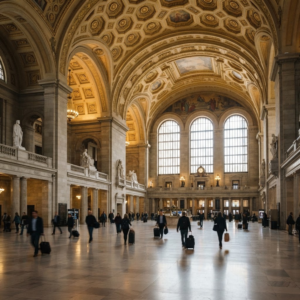 The vast main hall of a historic Beaux-Arts train station, with a gold-coffered barrel-vaulted ceiling and daylight falling across a marble floor