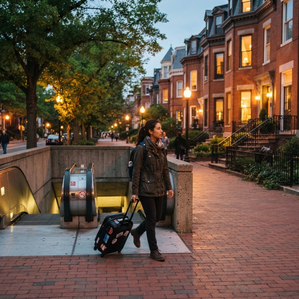 Traveler with a suitcase leaving a DC Metro station onto a rowhouse street