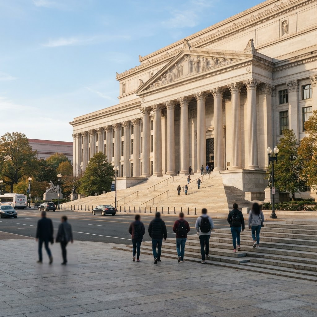 Visitors approaching the National Archives Building from Constitution Avenue in Washington DC
