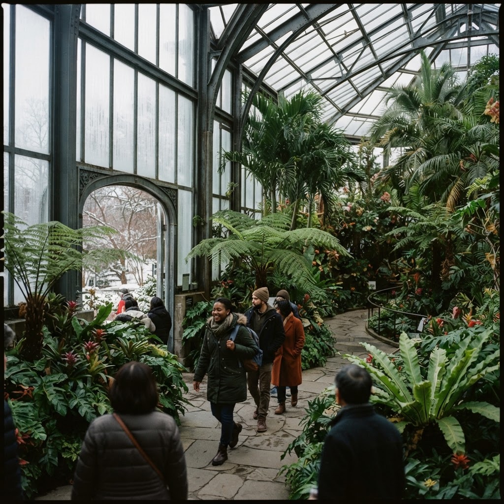 Winter visitors entering the warm tropical glasshouse inside the United States Botanic Garden Conservatory
