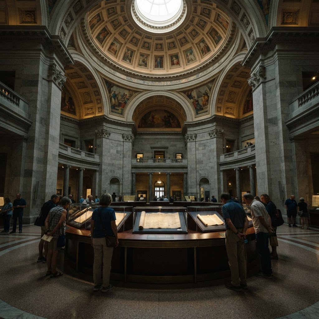 Visitors viewing historic documents in protective cases inside a neoclassical museum rotunda