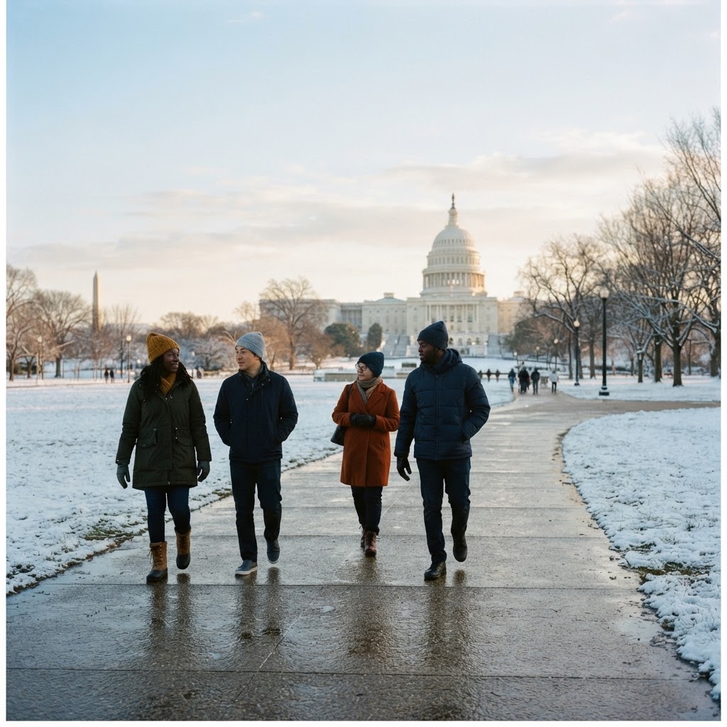 Visitors in winter coats walking along a cleared National Mall path after light snow with the US Capitol in the distance