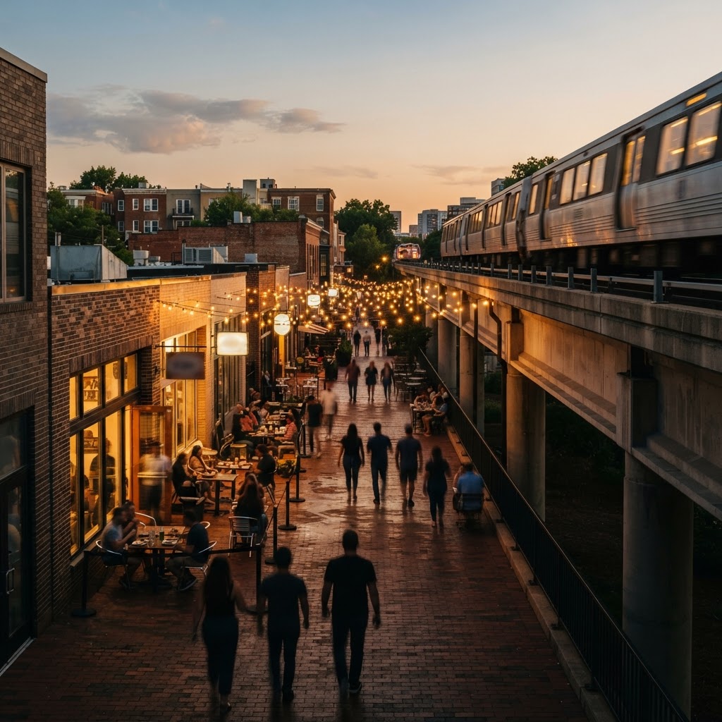 Pedestrian arts and dining walkway beside the rail line at Monroe Street Market in Brookland