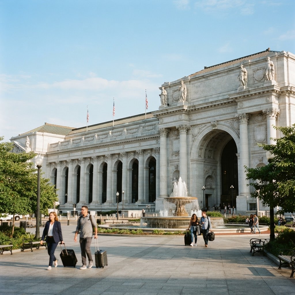 The Beaux-Arts exterior and arched colonnade of Washington DC's Union Station on a clear morning, with travelers crossing the plaza
