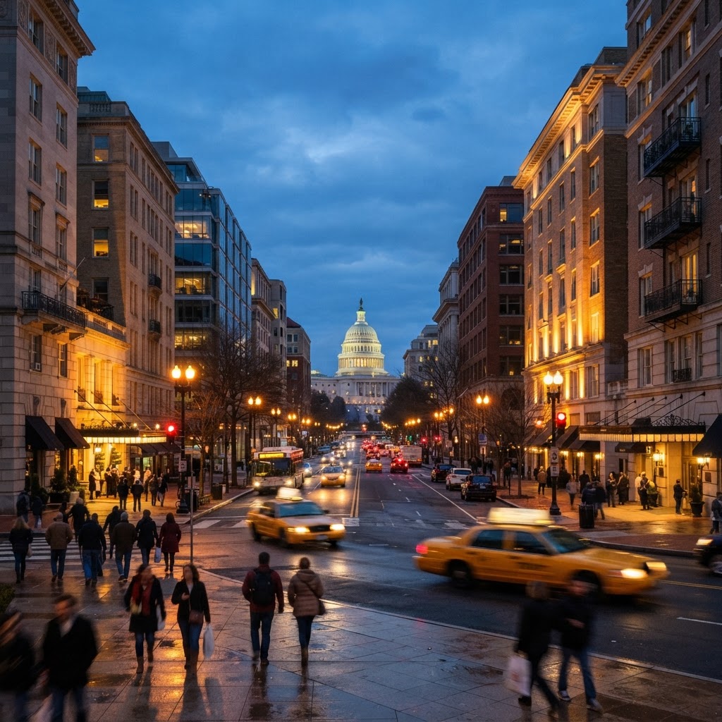 Hotel-lined downtown Washington DC street at dusk with the Capitol dome in the distance