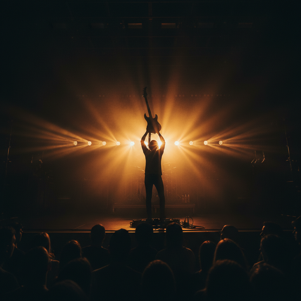 Musician backlit on a stage with golden lens flares