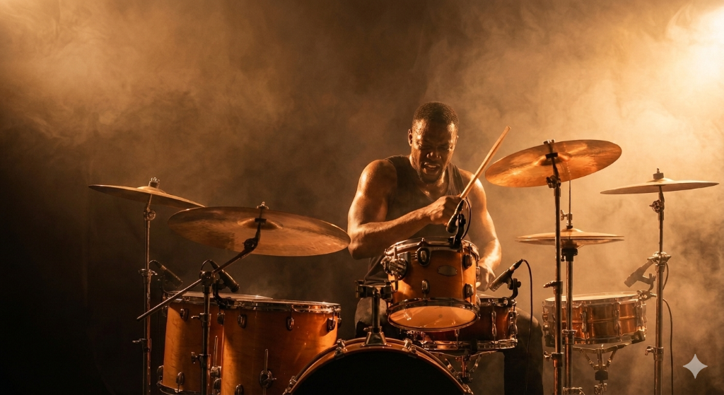 Musician backlit on a stage with golden lens flares