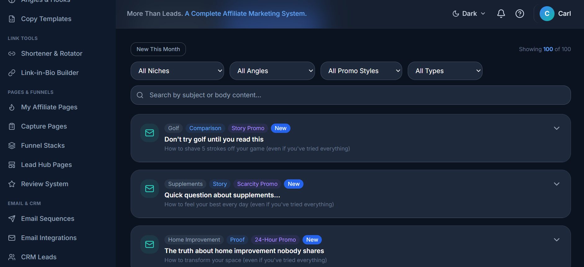 Lead Commission Pro Email Swipe Vault with niche filters and tags