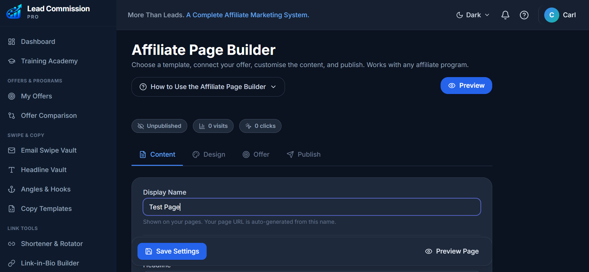 Lead Commission Pro Affiliate Page Builder with content editor